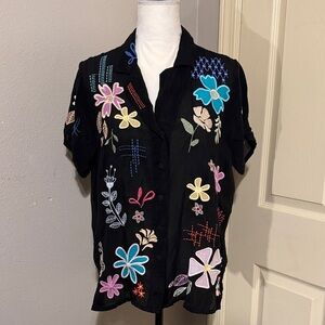 Johnny Was Black Floral Embroidered Blouse